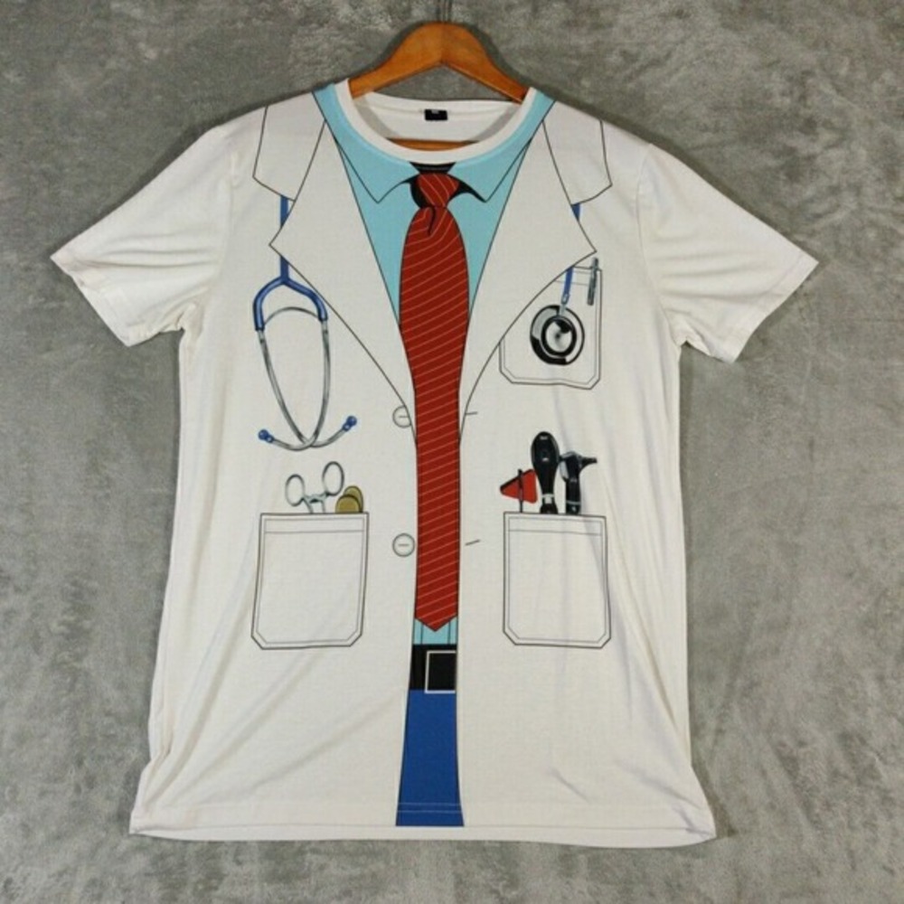 Funny World Shirt Mens 2XL White Doctor Print Short Sleeve